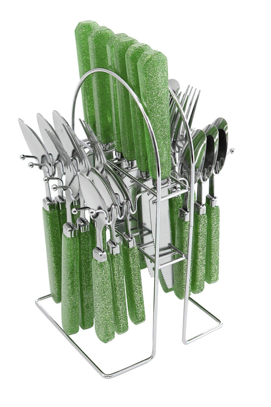SQ Durane 24Piece Metal Cutlery Set with Green Glitter Finish