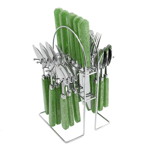 SQ Durane 24Piece Metal Cutlery Set with Green Glitter Finish