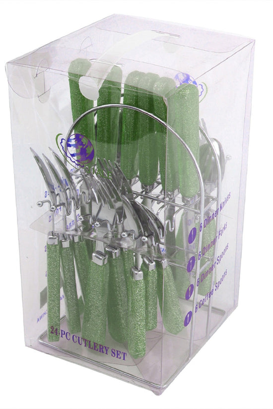 SQ Durane 24Piece Metal Cutlery Set with Green Glitter Finish