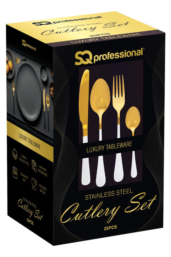 Elegant SQ Durane Stainless Steel Cutlery Set 25 Pieces in Gold White