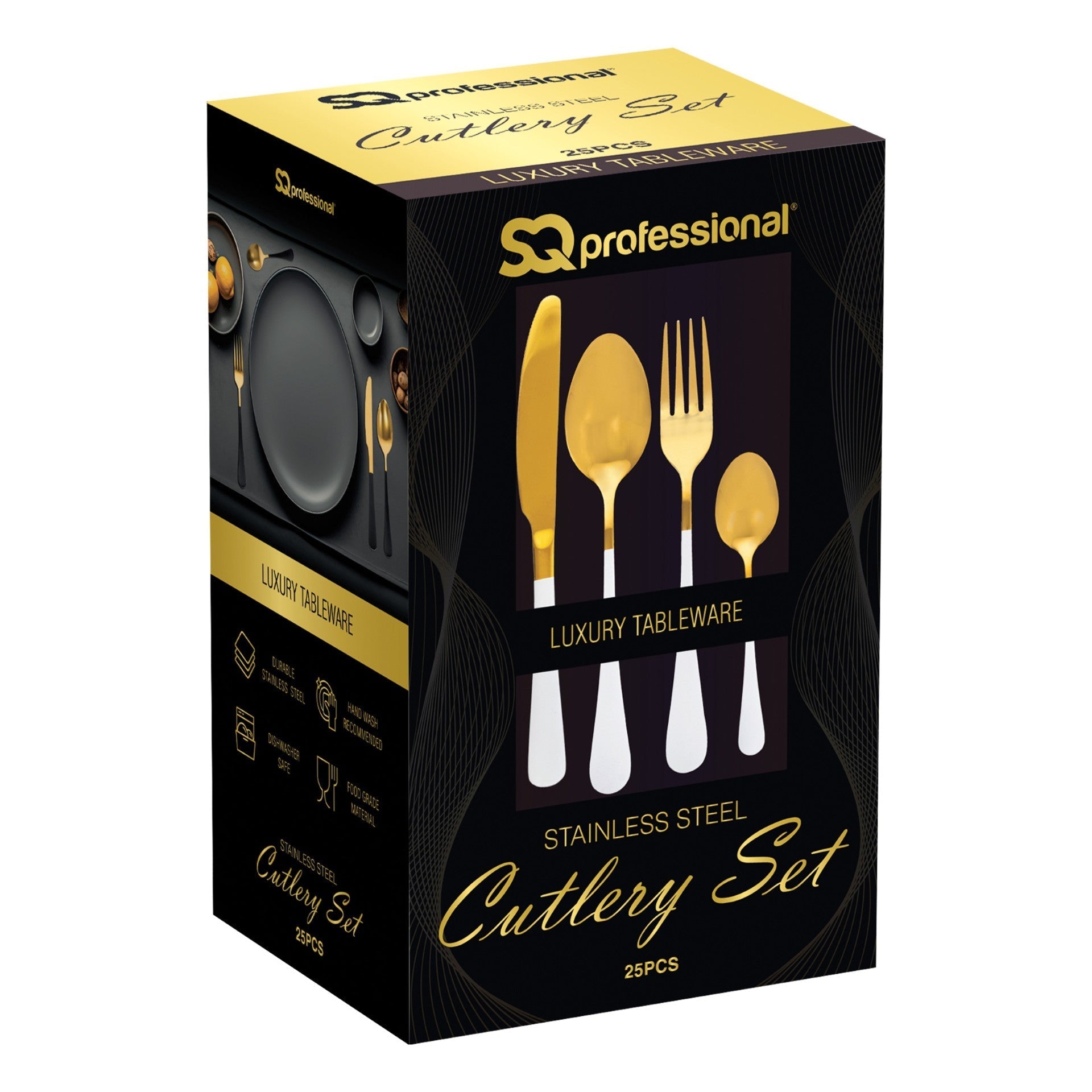 Elegant SQ Durane Stainless Steel Cutlery Set 25 Pieces in Gold White