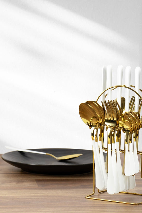 Elegant SQ Durane Stainless Steel Cutlery Set 25 Pieces in Gold White