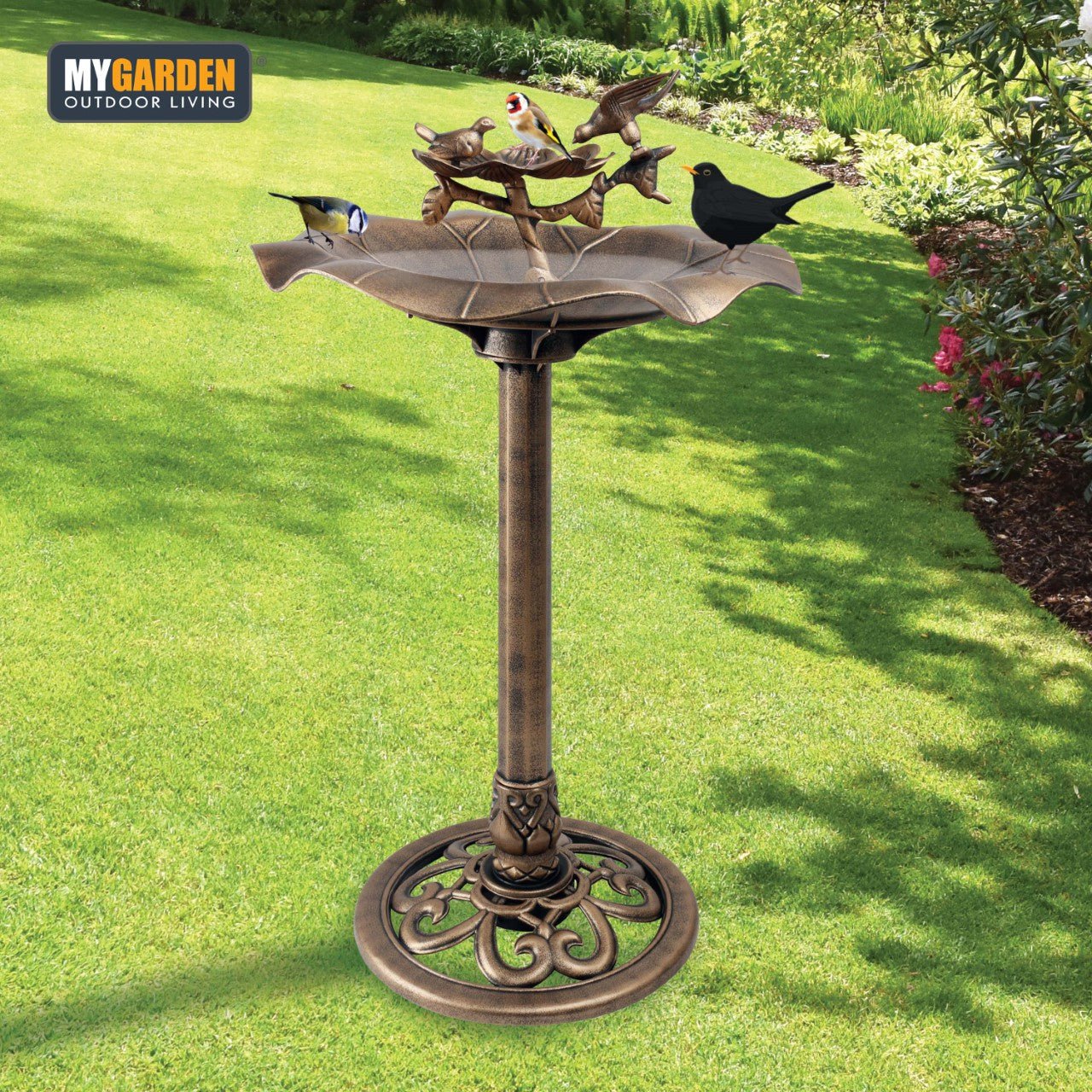 Bronze Effect Bird Bath with Charming Bird Figurines