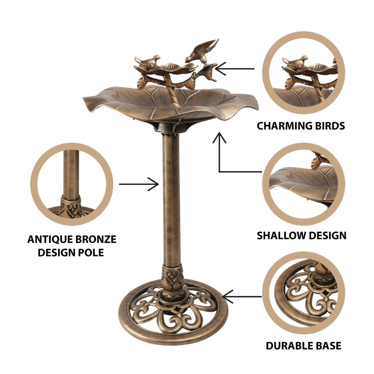Bronze Effect Bird Bath with Charming Bird Figurines